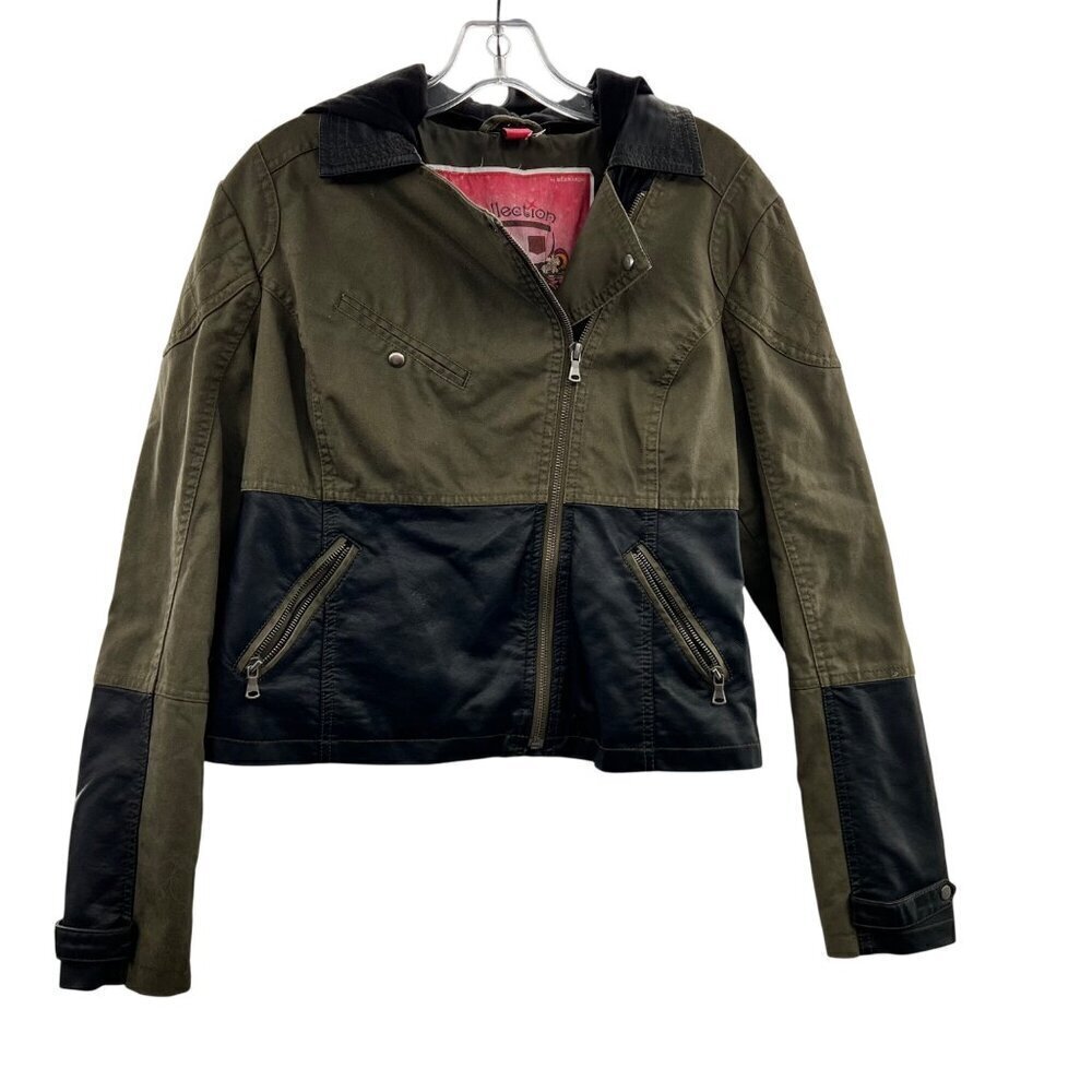 Bernardo Womens Hooded Motorcycle Jacket Green/Black Size Large